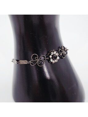 Black & Silver Rhinestone Flower Bracelet Lobster Clasp Closure